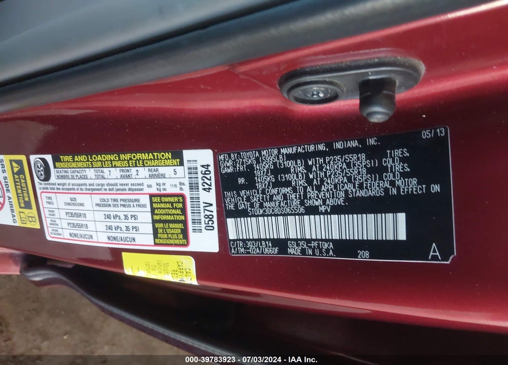 2013 TOYOTA SIENNA XLE 7 PASSENGER VIN: 5TDDK3DC8DS065506
