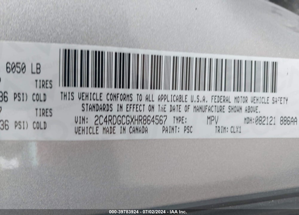 2017 DODGE GRAND CARAVAN SXT VIN: 2C4RDGCGXHR864567