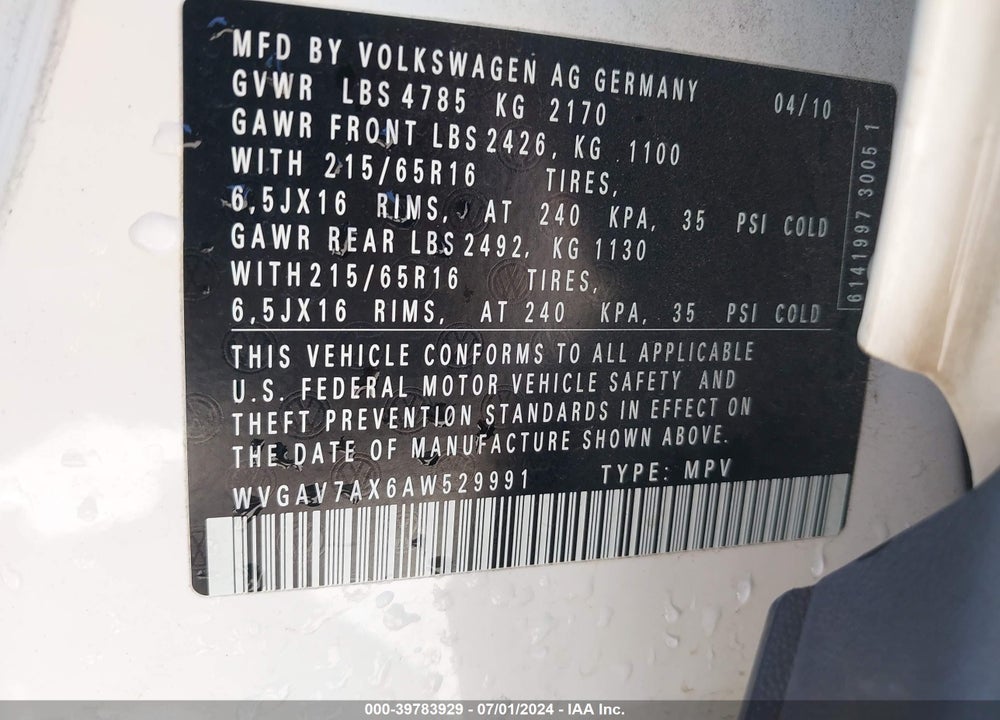 2010 VOLKSWAGEN TIGUAN S VIN: WVGAV7AX6AW529991