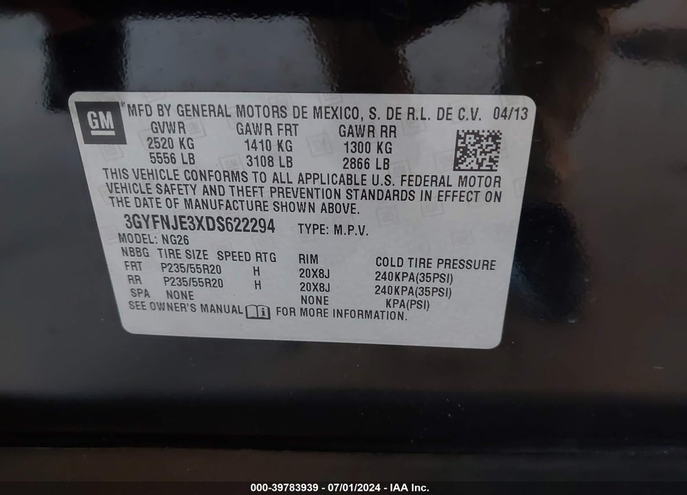 2013 CADILLAC SRX PREMIUM COLLECTION VIN: 3GYFNJE3XDS622294