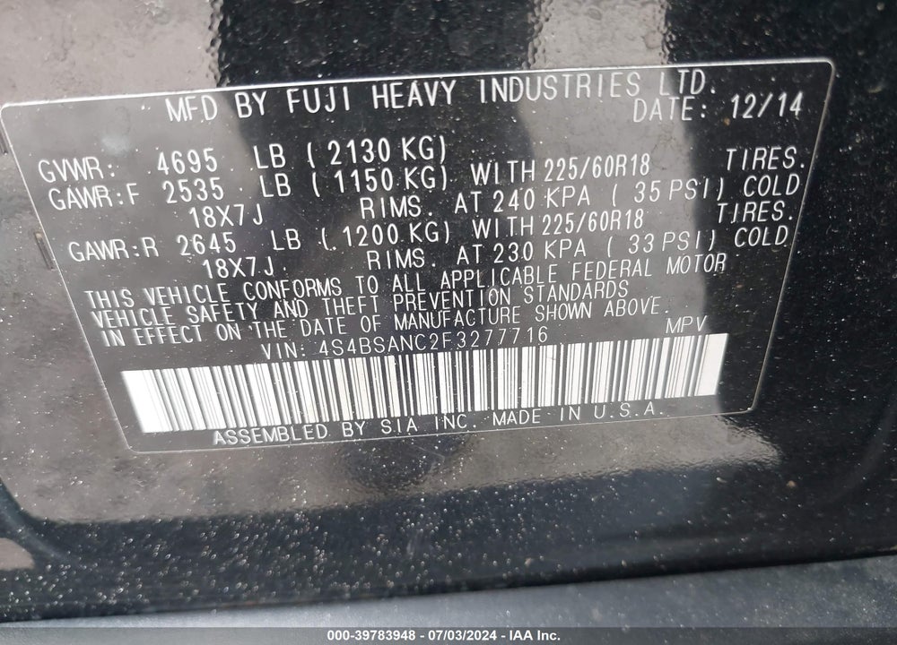2015 SUBARU OUTBACK 2.5I LIMITED VIN: 4S4BSANC2F3277716