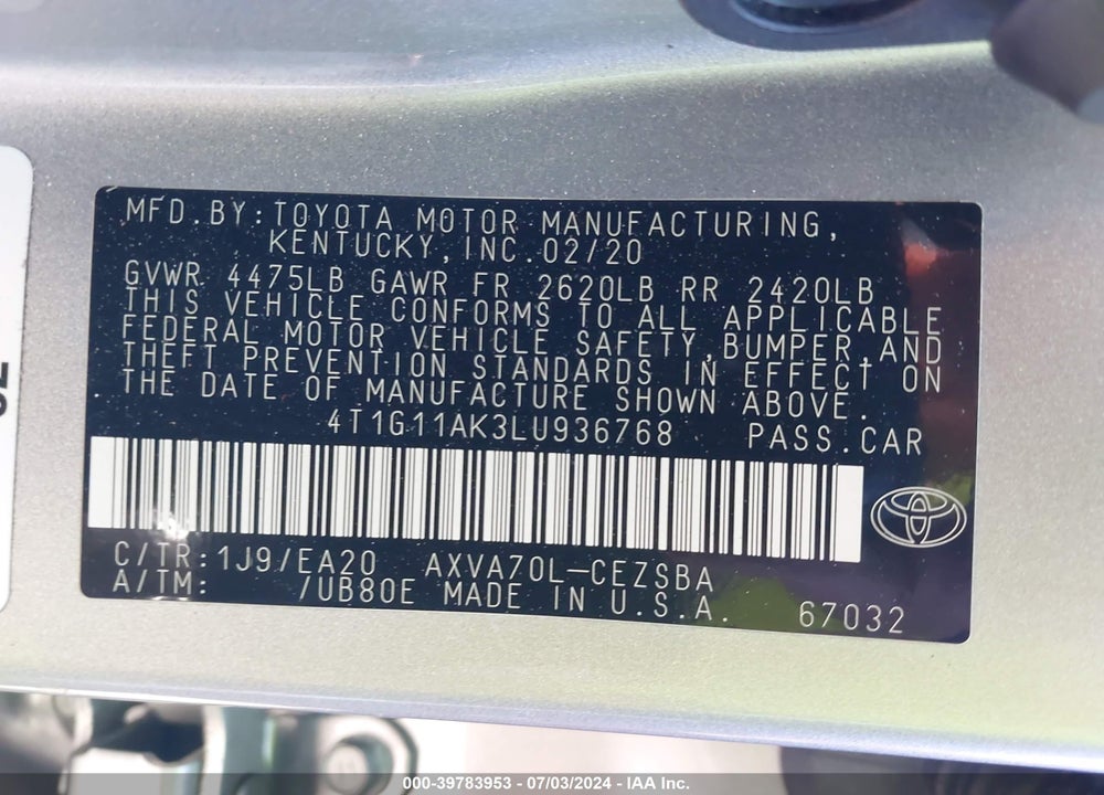 2020 TOYOTA CAMRY SE VIN: 4T1G11AK3LU936768