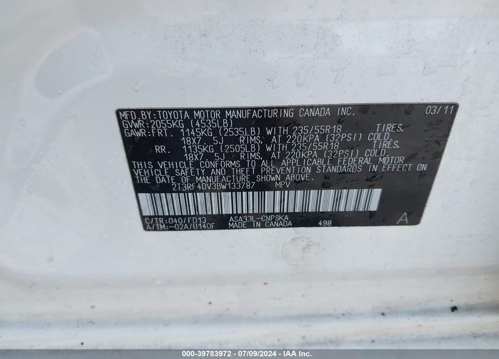 2011 TOYOTA RAV4 SPORT VIN: 2T3RF4DV3BW133787
