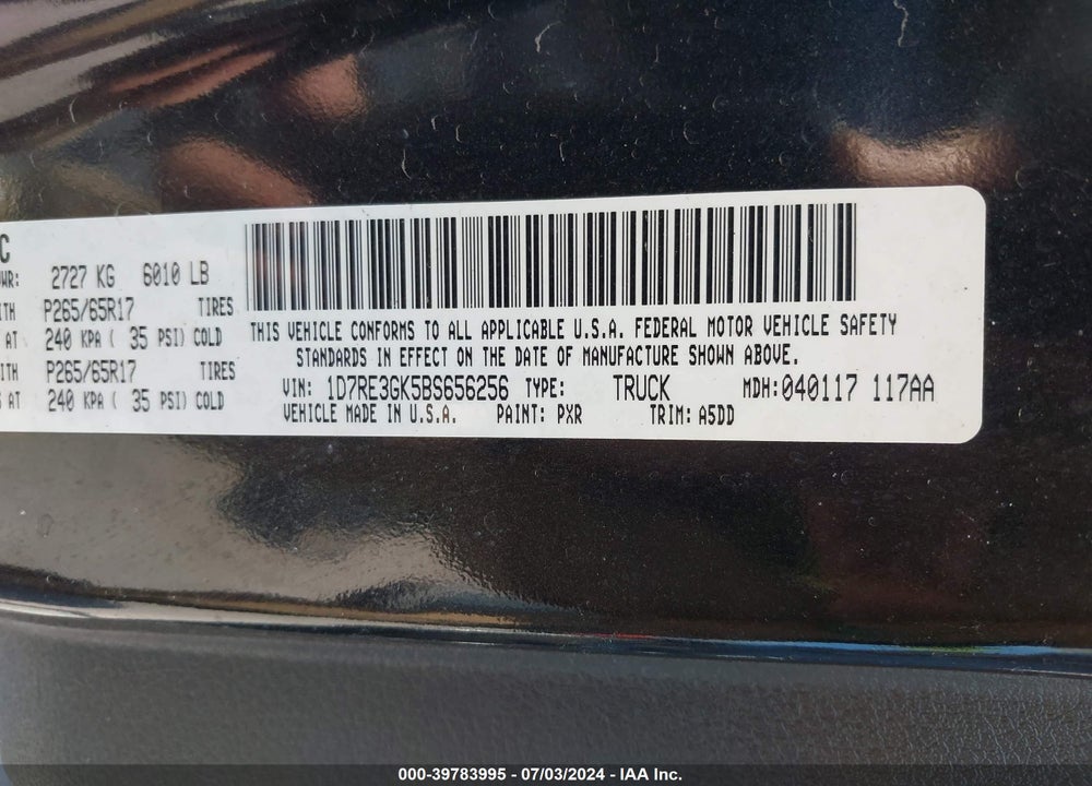2011 RAM DAKOTA BIGHORN/LONESTAR VIN: 1D7RE3GK5BS656256