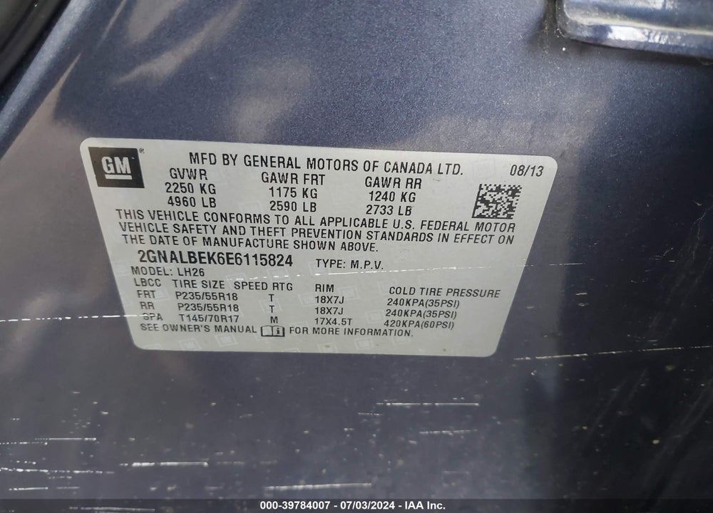 2014 CHEVROLET EQUINOX 1LT VIN: 2GNALBEK6E6115824