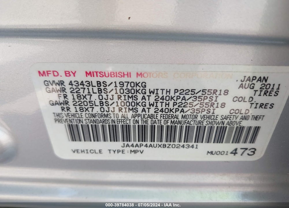 2011 MITSUBISHI OUTLANDER SPORT SE VIN: JA4AP4AUXBZ024341