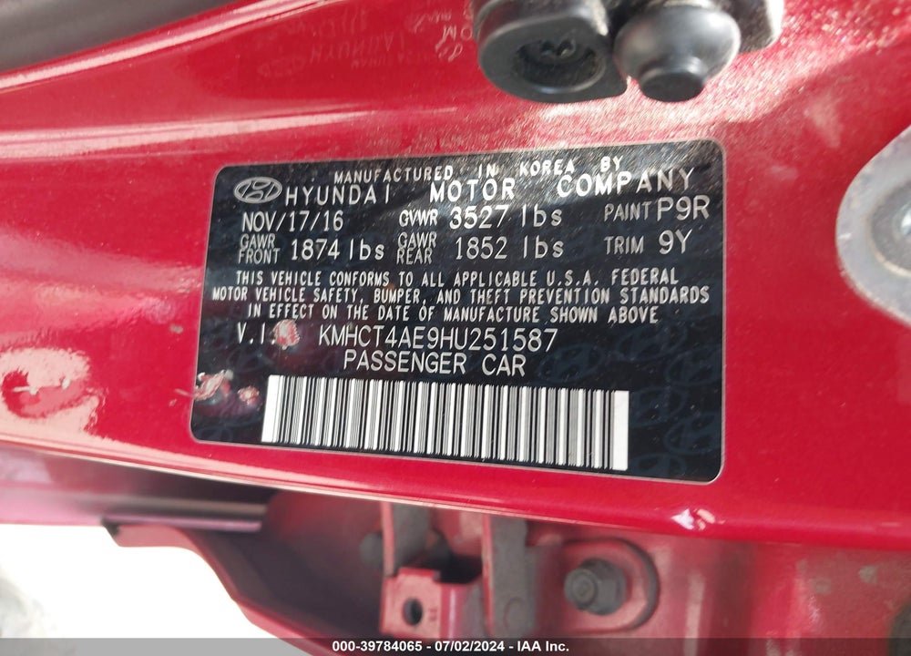 2017 HYUNDAI ACCENT SE VIN: KMHCT4AE9HU251587