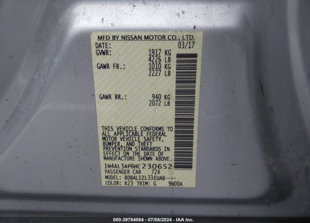 2017 NISSAN ALTIMA 2.5 SV VIN: 1N4AL3AP6HC230652