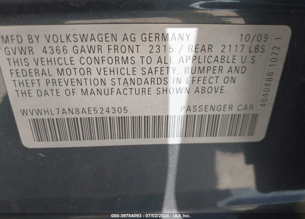 2010 VOLKSWAGEN CC LUXURY VIN: WVWHL7AN8AE524305