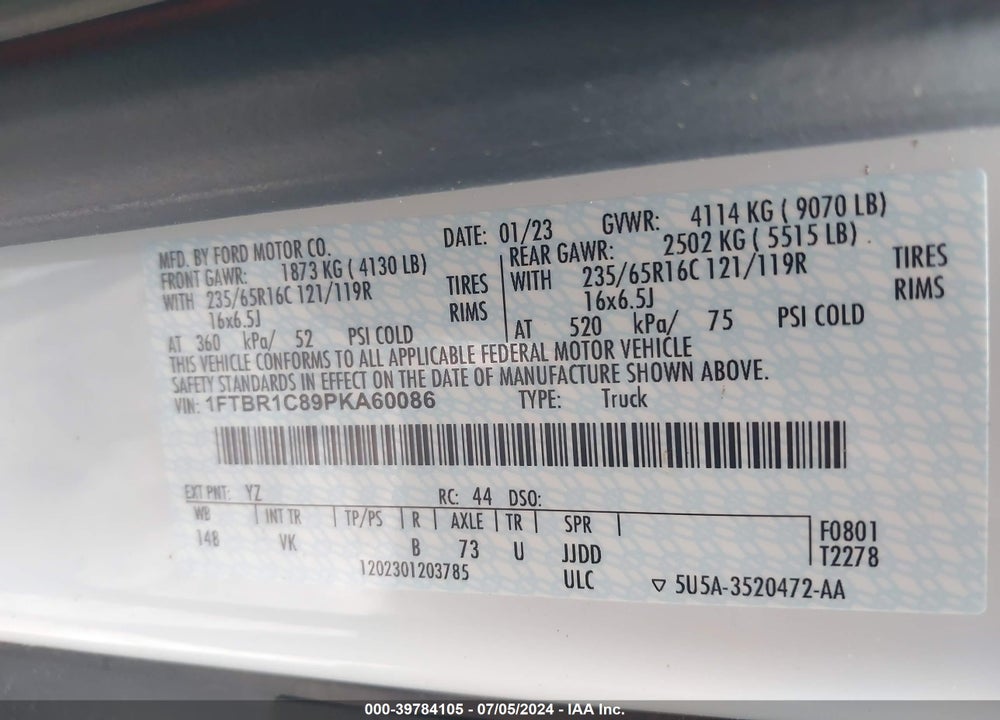2023 FORD TRANSIT-250 VIN: 1FTBR1C89PKA60086