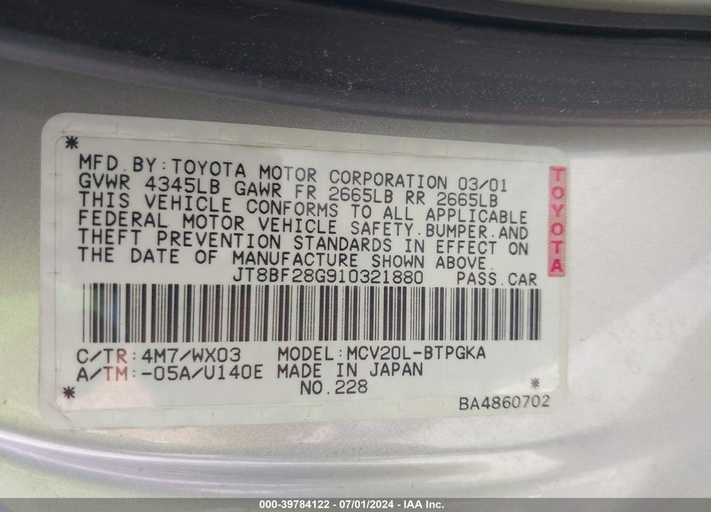 2001 LEXUS ES 300 VIN: JT8BF28G910321880