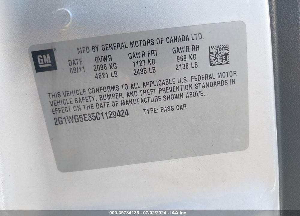 2012 CHEVROLET IMPALA VIN: 2G1WG5E35C1129424