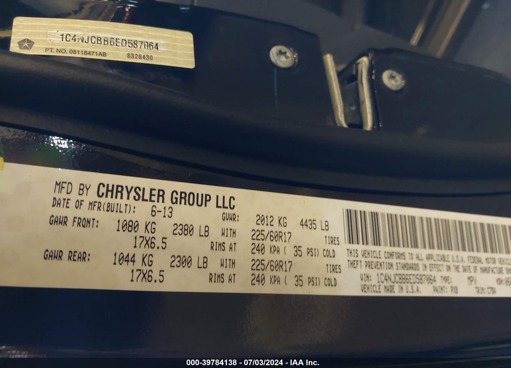 2014 JEEP COMPASS SPORT VIN: 1C4NJCBB6ED587064