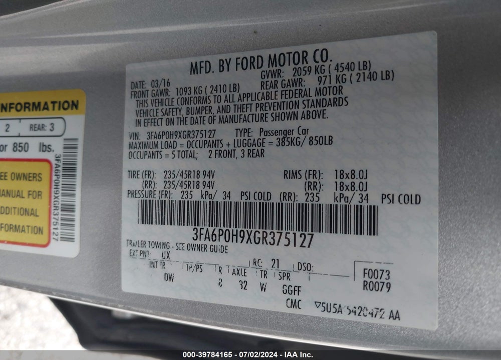 2016 FORD FUSION SE VIN: 3FA6P0H9XGR375127
