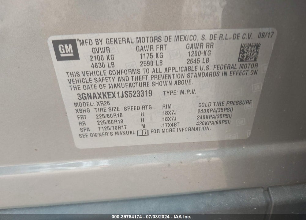 2018 CHEVROLET EQUINOX LT VIN: 3GNAXKEX1JS523319