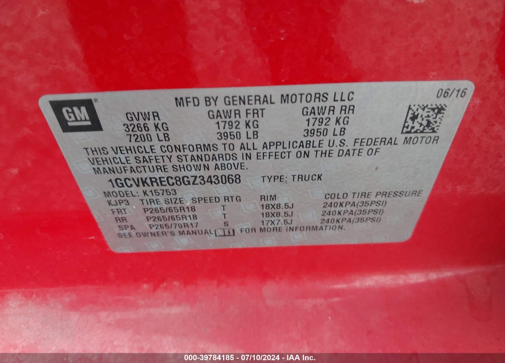 2016 CHEVROLET SILVERADO 1500 2LT VIN: 1GCVKREC8GZ343068