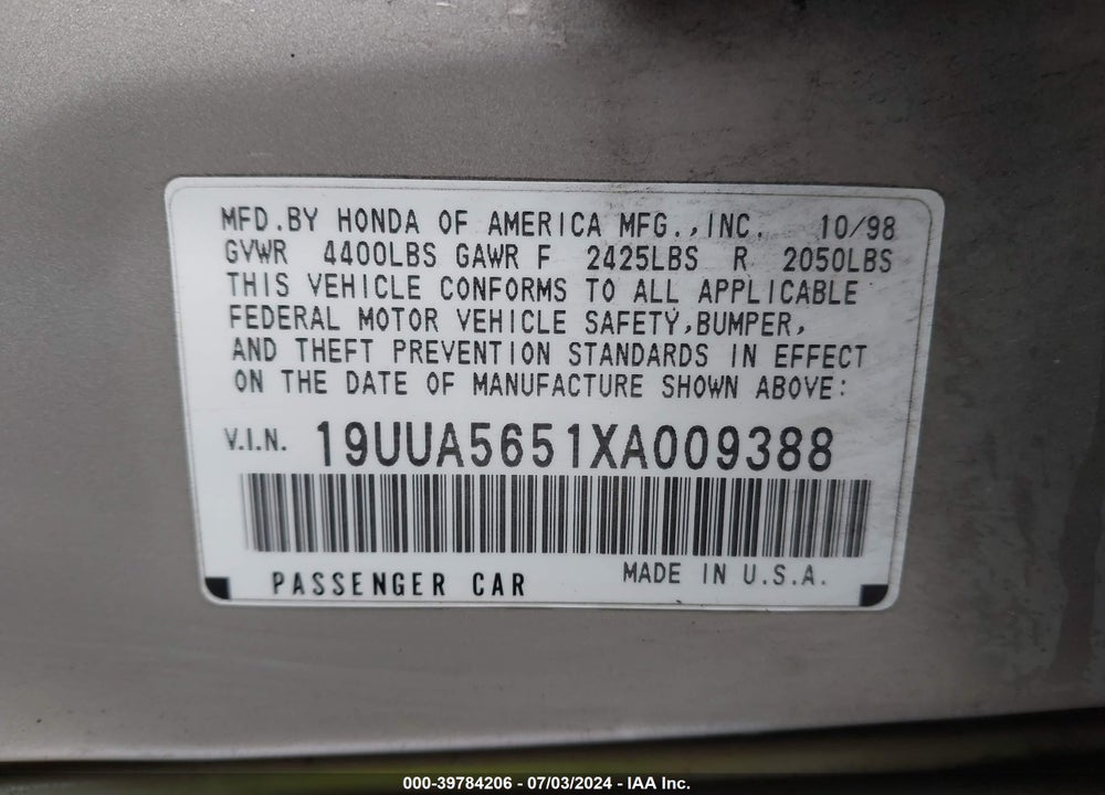 1999 ACURA TL 3.2 VIN: 19UUA5651XA009388