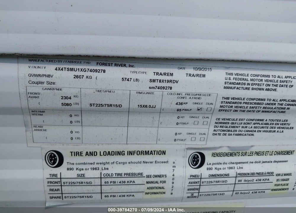2016 TRAILER OTHER VIN: 4X4TSMU1XG7409278