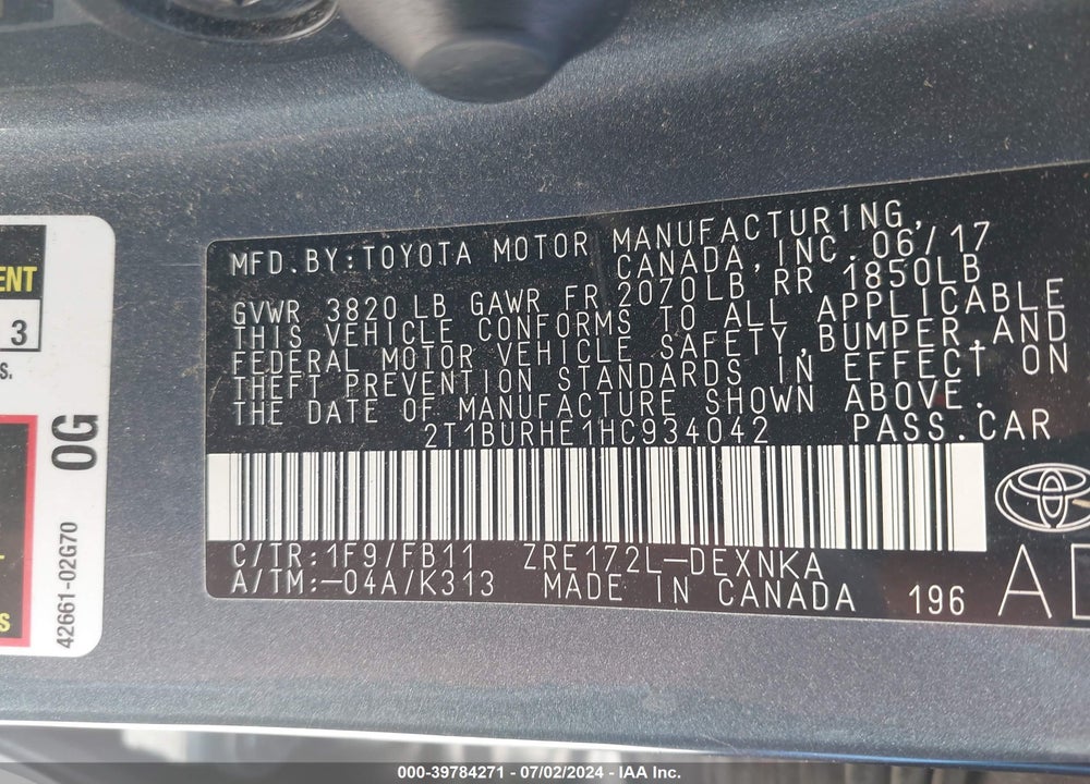 2017 TOYOTA COROLLA LE VIN: 2T1BURHE1HC934042