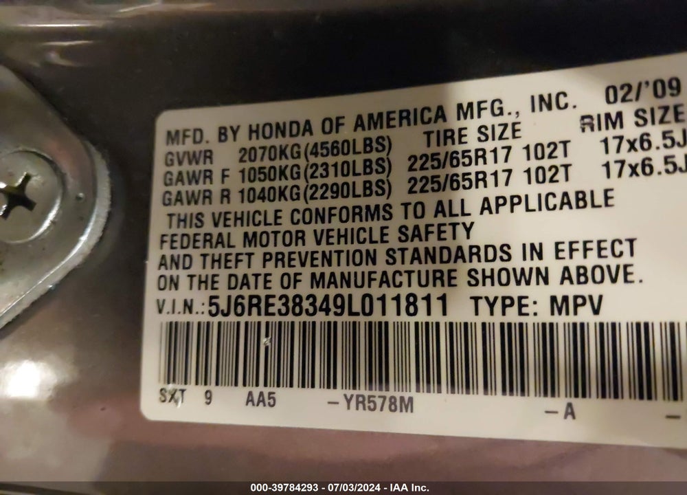 2009 HONDA CR-V LX VIN: 5J6RE38349L011811