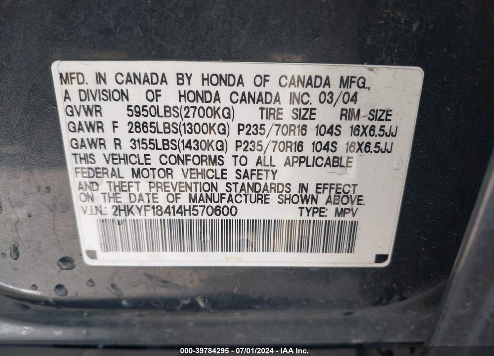 2004 HONDA PILOT EX VIN: 2HKYF18414H570600