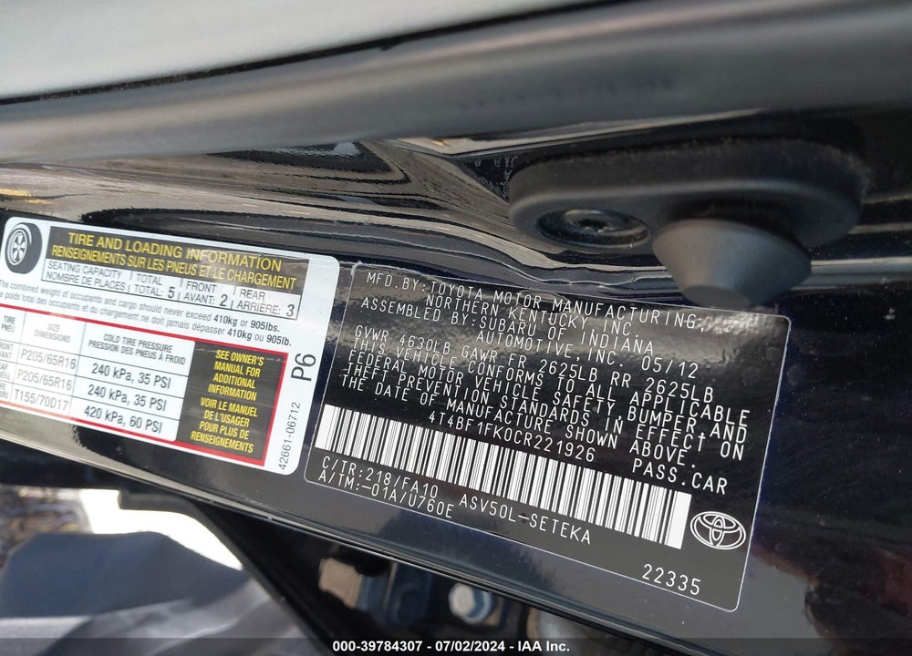 2012 TOYOTA CAMRY L VIN: 4T4BF1FK0CR221926