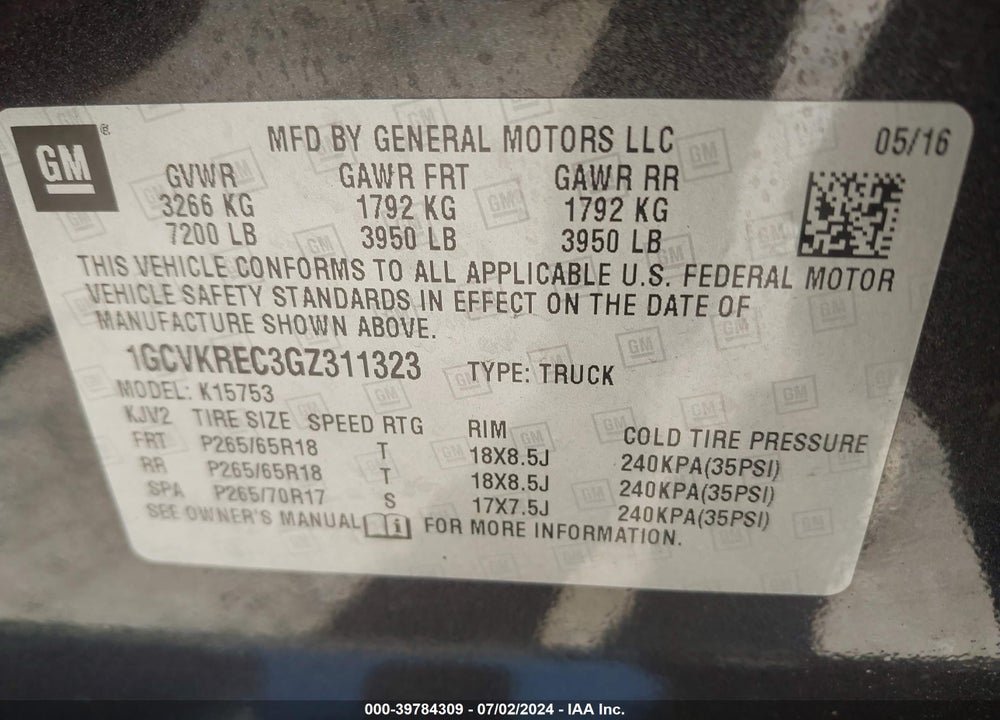 2016 CHEVROLET SILVERADO 1500 2LT VIN: 1GCVKREC3GZ311323