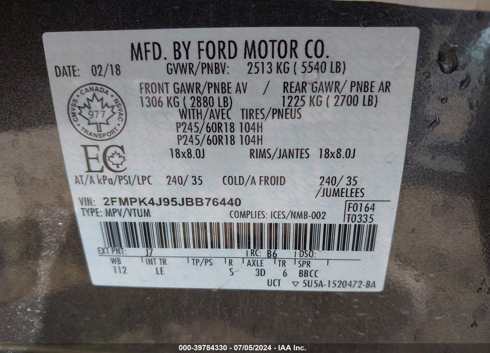 2018 FORD EDGE SEL VIN: 2FMPK4J95JBB76440