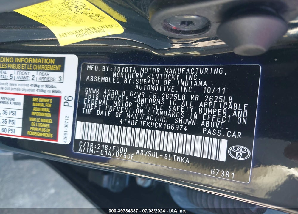 2012 TOYOTA CAMRY LE VIN: 4T4BF1FK9CR166974