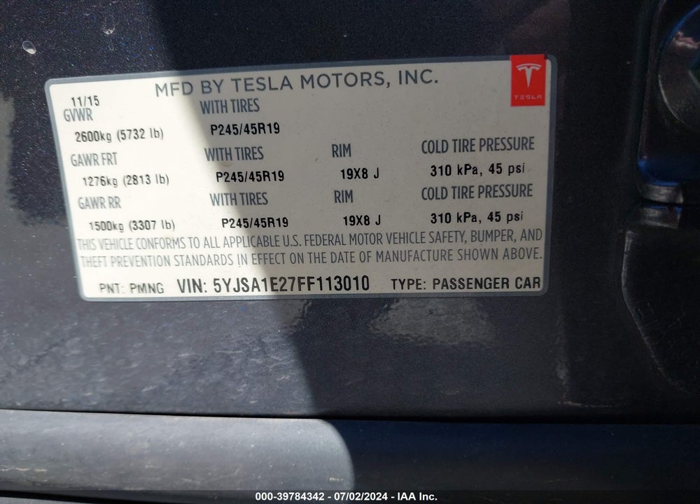 2015 TESLA MODEL S 70D/85D/P85D VIN: 5YJSA1E27FF113010