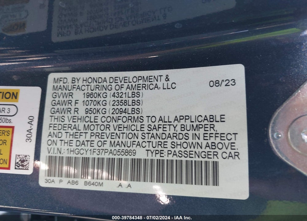 2023 HONDA ACCORD EX VIN: 1HGCY1F37PA055869