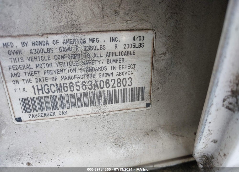2003 HONDA ACCORD 3.0 EX VIN: 1HGCM66563A062803