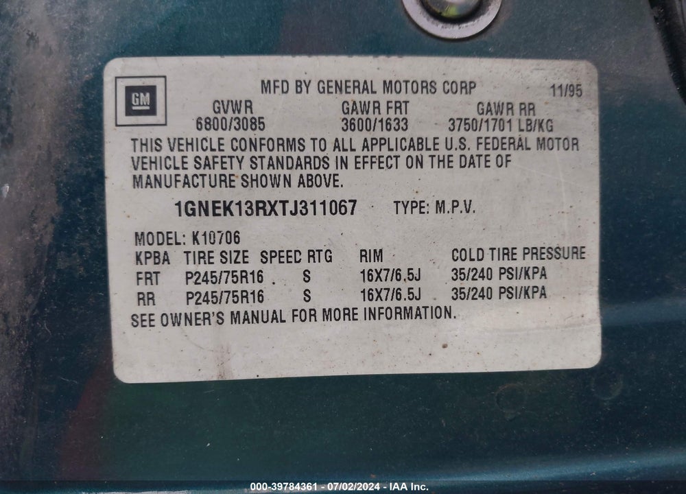 1996 CHEVROLET TAHOE K1500 VIN: 1GNEK13RXTJ311067