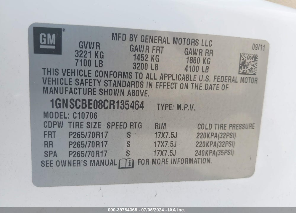 2012 CHEVROLET TAHOE LT VIN: 1GNSCBE08CR135464