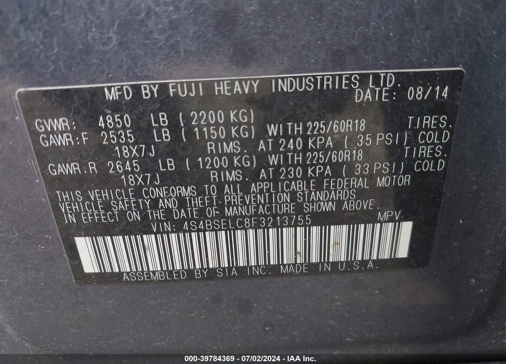 2015 SUBARU OUTBACK 3.6R LIMITED VIN: 4S4BSELC8F3213755