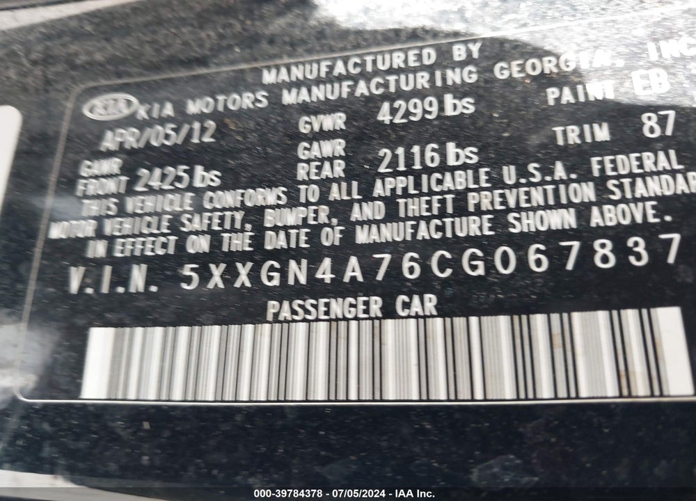 2012 KIA OPTIMA VIN: 5XXGN4A76CG067837