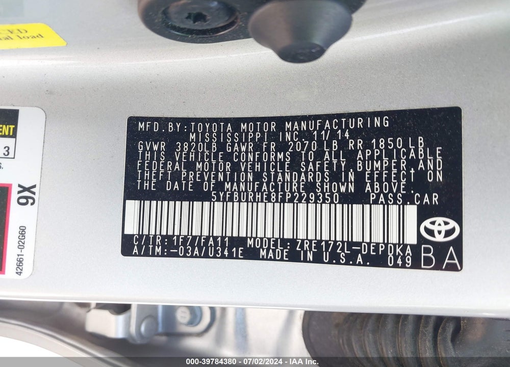 2015 TOYOTA COROLLA L VIN: 5YFBURHE8FP229350