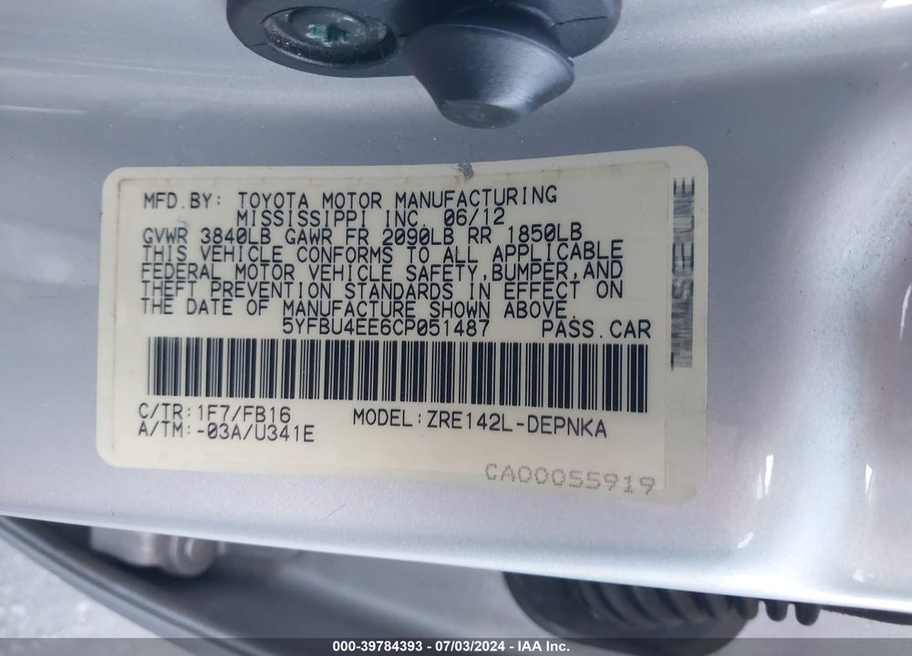 2012 TOYOTA COROLLA LE VIN: 5YFBU4EE6CP051487