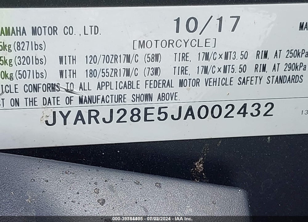 2018 YAMAHA YZFR6 VIN: JYARJ28E5JA002432