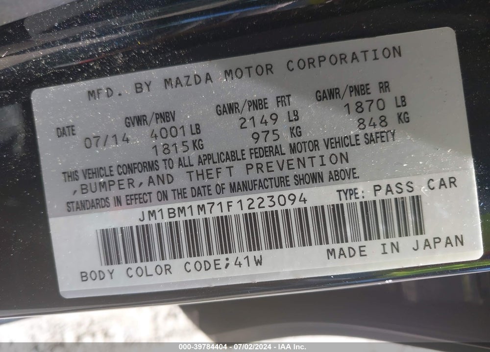 2015 MAZDA 3 I GRAND TOURING VIN: JM1BM1M71F1223094