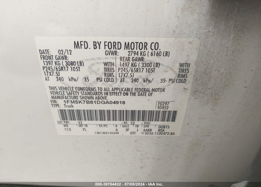 2013 FORD EXPLORER VIN: 1FM5K7B81DGA04918