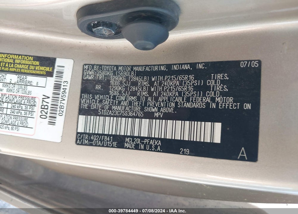 2005 TOYOTA SIENNA LE VIN: 5TDZA23C75S364765