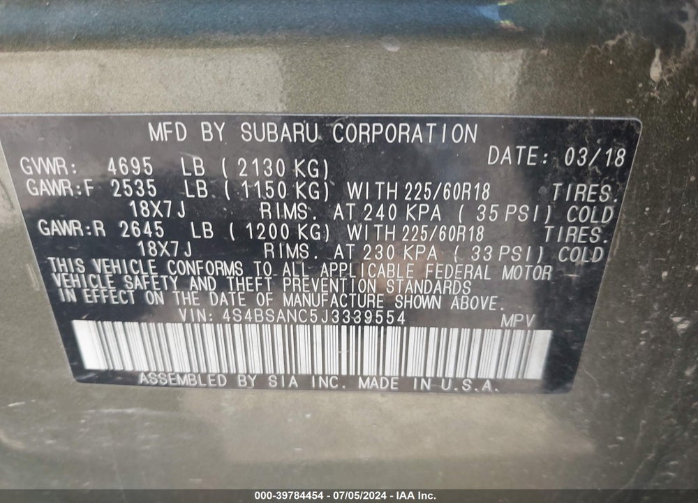 2018 SUBARU OUTBACK 2.5I LIMITED VIN: 4S4BSANC5J3339554
