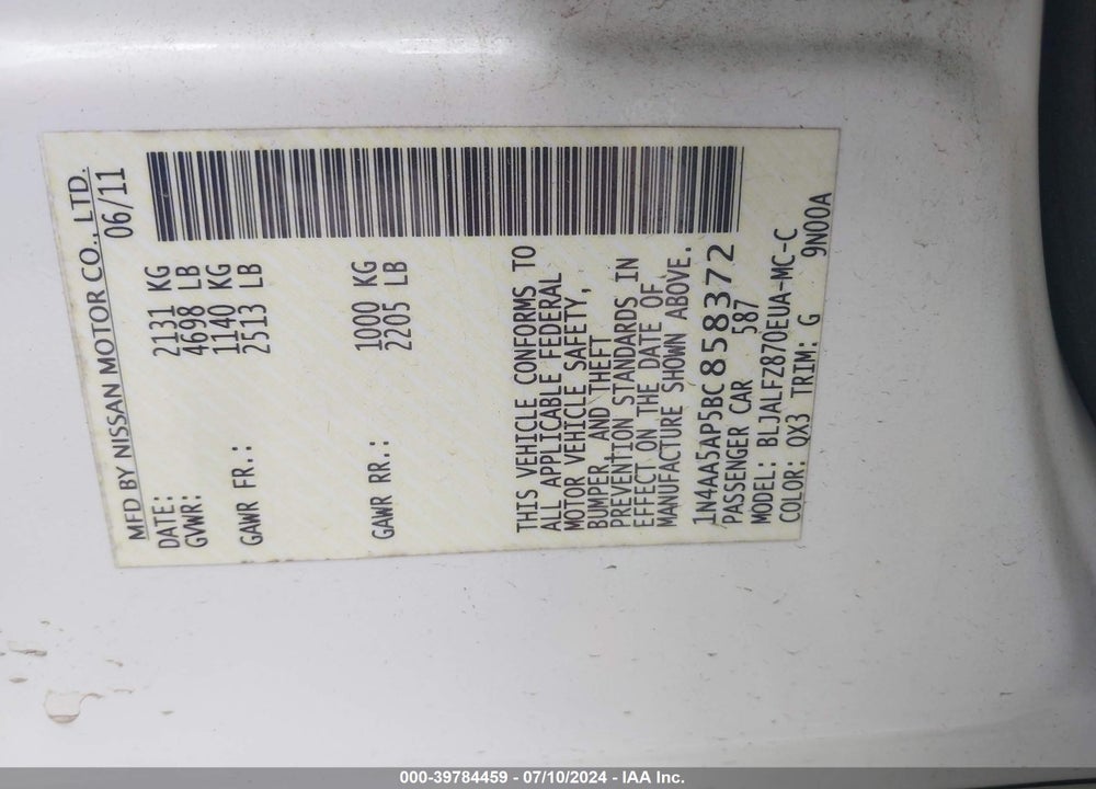 2011 NISSAN MAXIMA 3.5 SV VIN: 1N4AA5AP5BC858372