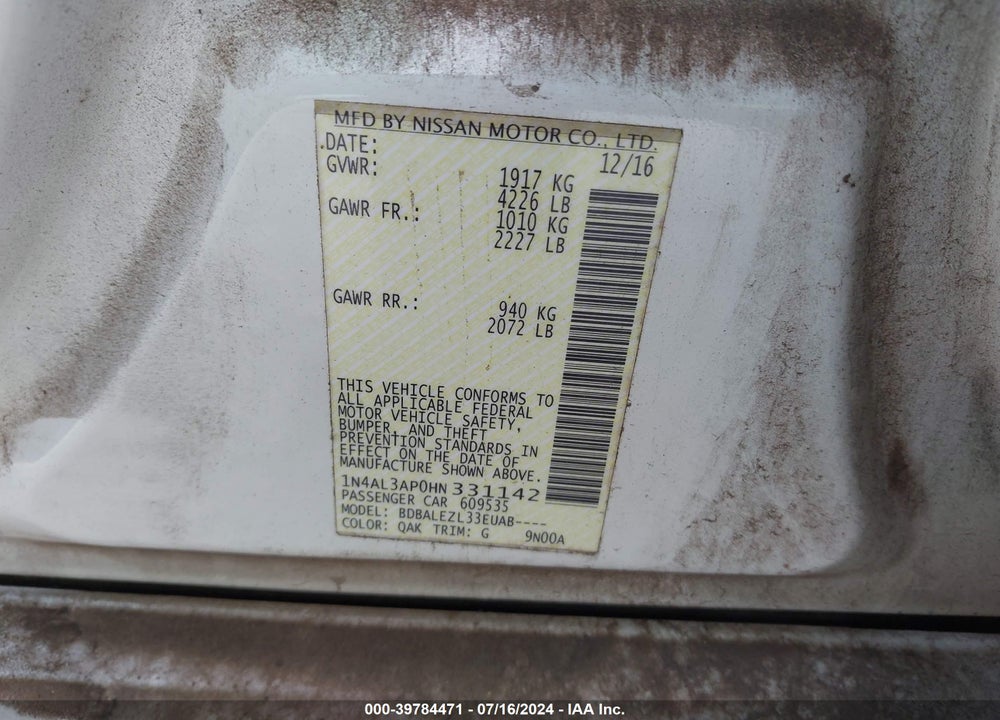 2017 NISSAN ALTIMA 2.5 S VIN: 1N4AL3AP0HN331142