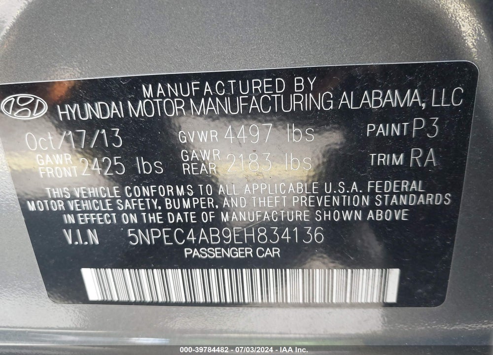 2014 HYUNDAI SONATA VIN: 5NPEC4AB9EH834136