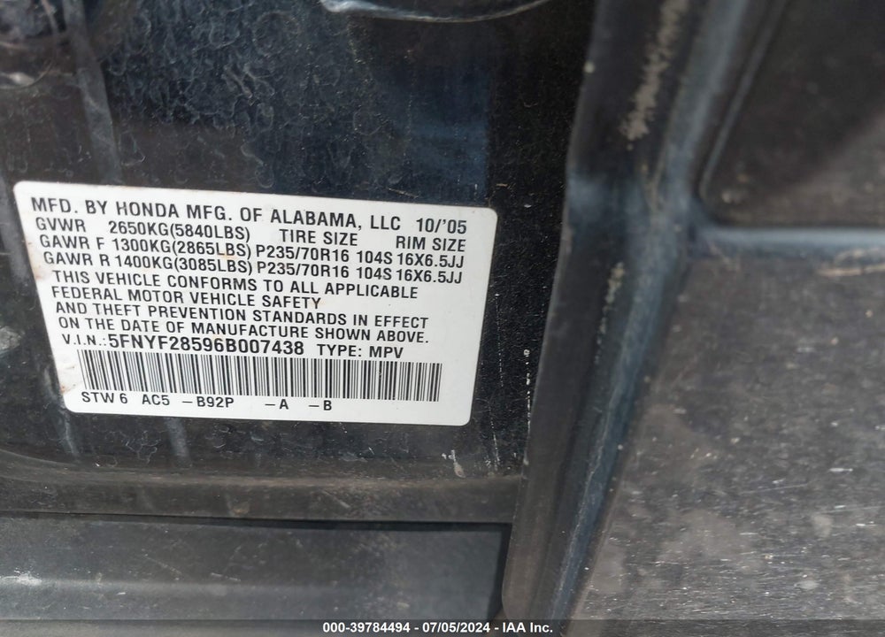 2006 HONDA PILOT EX-L VIN: 5FNYF28596B007438