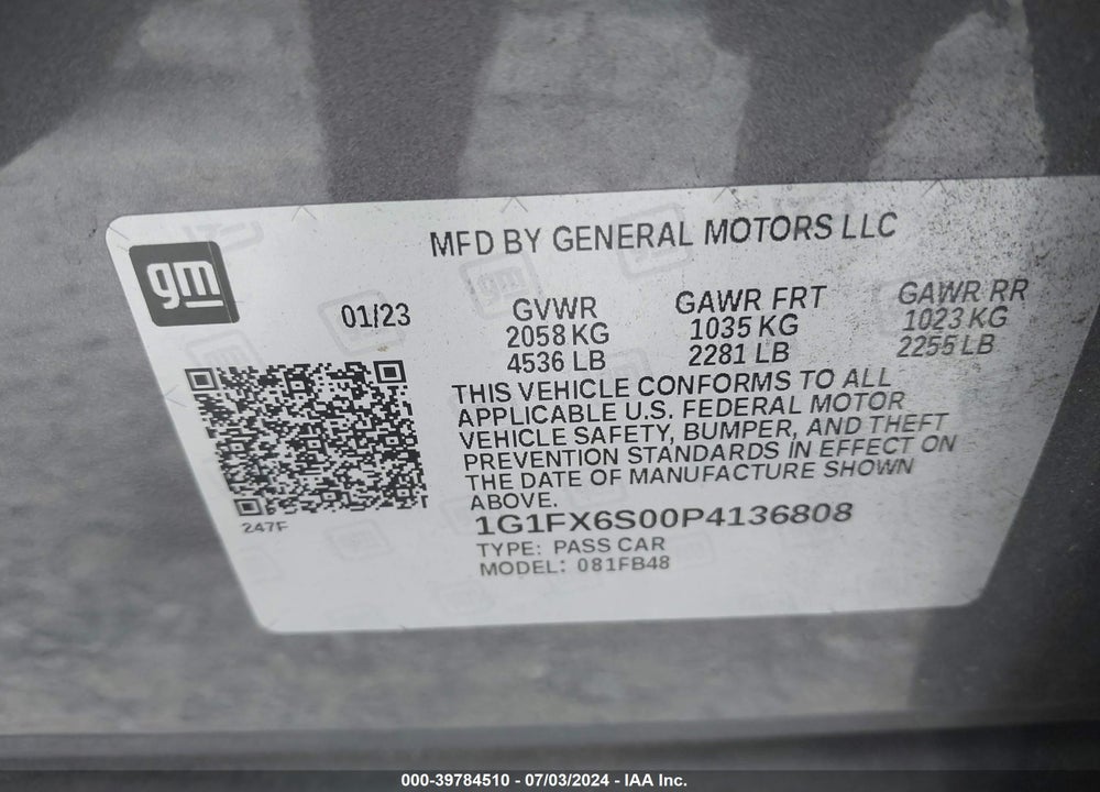 2023 CHEVROLET BOLT EV FWD 2LT VIN: 1G1FX6S00P4136808