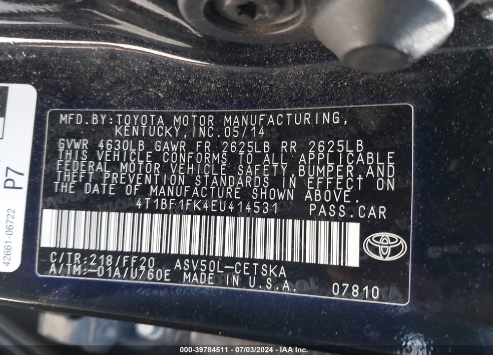 2014 TOYOTA CAMRY SE VIN: 4T1BF1FK4EU414531
