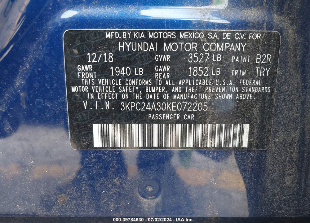 2019 HYUNDAI ACCENT SE VIN: 3KPC24A30KE072205